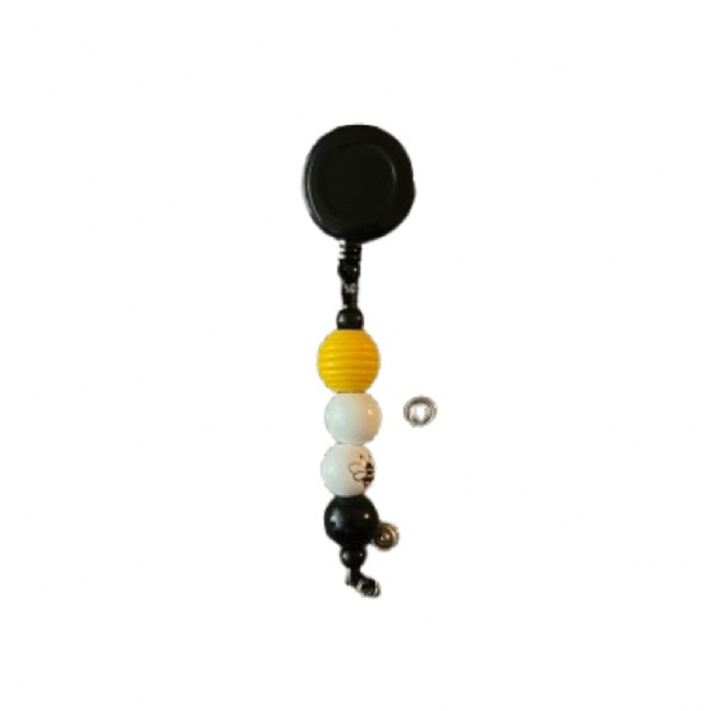 Black, White, and Yellow Bee Beaded Badge Reel